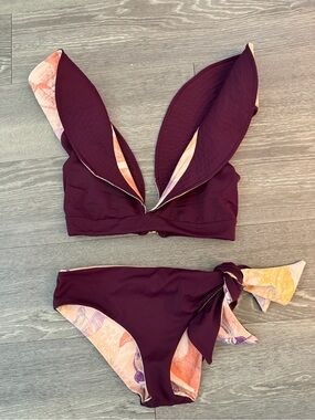 Juan de Dios Reversible Bikini Set S Burgundy Tropical Print Gold Hardware
